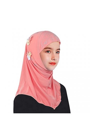 Hijab Cagoule à Enfiler Enfant Foulard Musulmane en Mousseline Echarpe Foulard de Prière avec Décoré de 6 Fleurs Turban Cheve