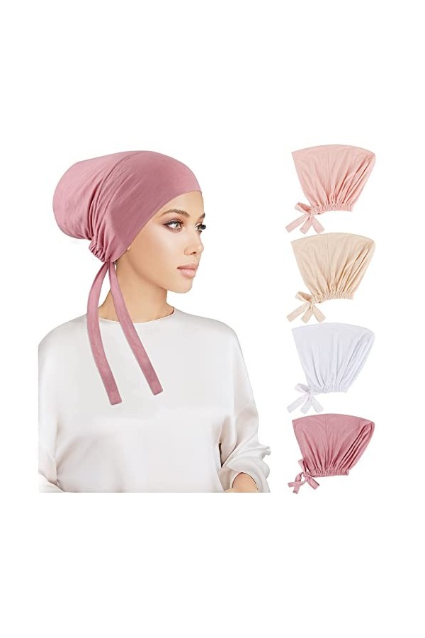 4 Pcs Femmes Bonnet Hijab, Islamique Musulman Hijab Undercap Sous Intérieur Sous Écharpe Chapeau avec Fermeture à Attache Cou