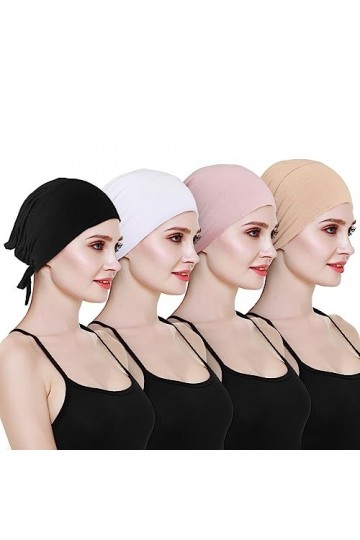 Lot de 4 casquettes hijab en coton pour femme, sous écharpe, hijab, turban musulman islamique, fermeture à larrière, couleur