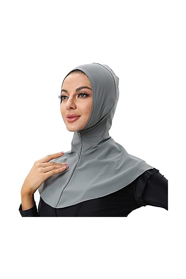 Bonnet de Bain pour Femmes Couleur Solide Ajustable Bonnet de Bain Musulman châle Protection du Cou Hijab Darkgrey 