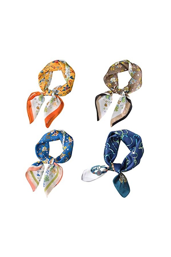 Yinitoo 4 Pack Foulard Carré en Soie pour Femme, 70x70cm Square Motif dImpression Echarpe Carré en Satin de Soie Bandanas Ch