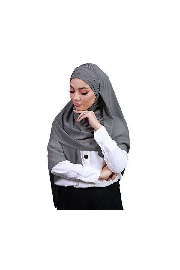 Hijab À Enfiler Entièrement Crêpe Mousseline Avec Bonnet Intégré Gris Foncé 