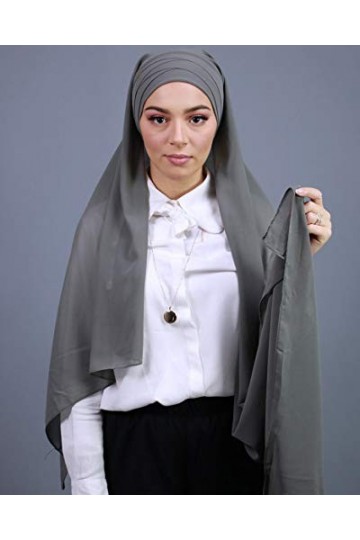 Hijab À Enfiler Entièrement Crêpe Mousseline Avec Bonnet Intégré Gris Foncé 
