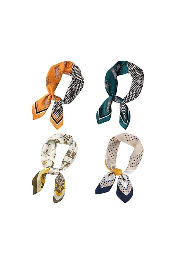 Yinitoo 4 Pack Foulard Carré pour Femme, 70x70cm Echarpe Etole Carré en Satin de Soie Bandanas Cheveux Bandeau Mouchoir Multi