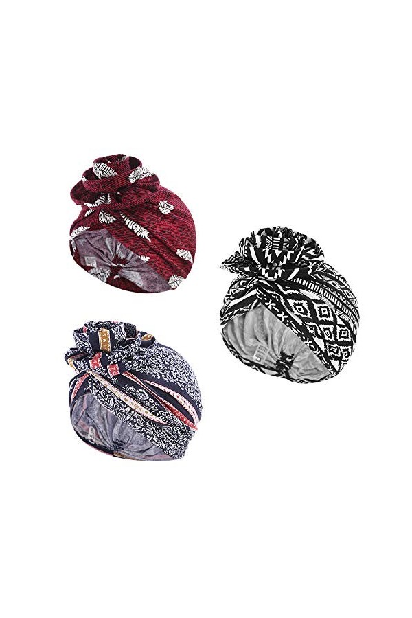 JIAHG 3pcs Bonnet Turban Chimio Femme Turban Coton Doux Stretch N½UD Bonnet de Nuit Chapeaux Africain Bandeau Foulard Chimio 