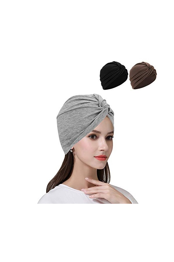 Qchomee 2Pcs Bonnet Turban Femme Bonnet de Nuit Coton Couvre-Chef Calotte Extensible Bandeau Foulard Musulmane Chapeau de Per