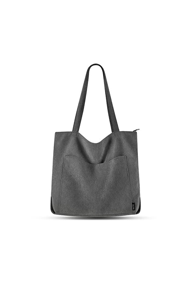 Prite Tote Bag Sac en Velours Côtelé Bandouliere Cabas Femme Homme Sac Fourre Tout avec Fermeture Éclair et Poches Noir 