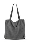 Prite Tote Bag Sac en Velours Côtelé Bandouliere Cabas Femme Homme Sac Fourre Tout avec Fermeture Éclair et Poches Noir 