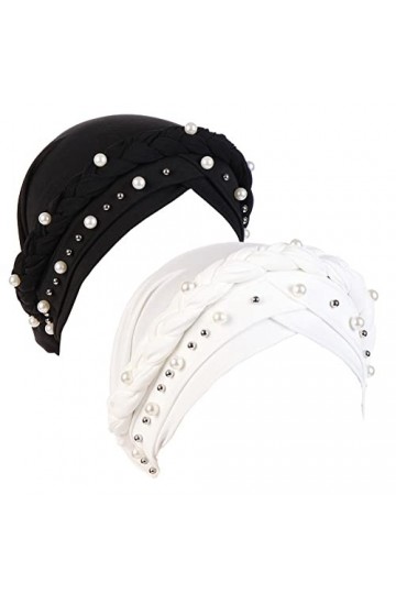 Fxhixiy Chapeau turban hijab avec perles tressées pour femme, écharpe, cancer, chimio, bandana, noir/blanc, Taille unique