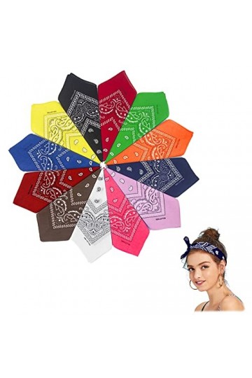 RUGUOA Lot de 12 Foulard Cheveux Paisley Bandana Fichu Colorés Impression Motif Neck Foulard Coton Multifonction Bandeau Mult