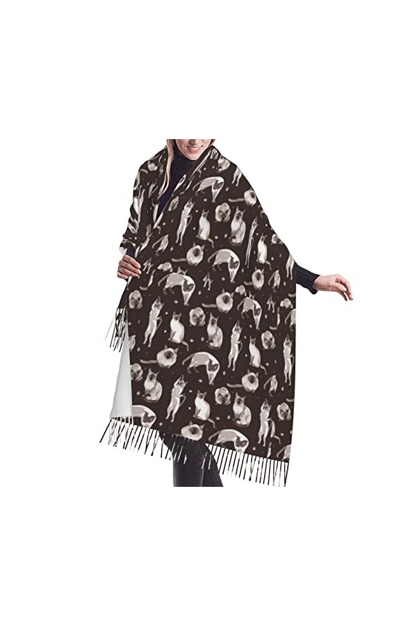 Écharpe douce avec pompon chat siamois marron dans différentes poses pour femme Écharpe pashmina légère, Comme indiqué sur la
