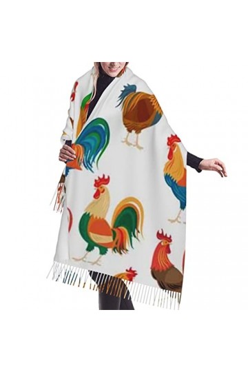 Écharpe douce avec pompon coloré coqs poules femmes mode chaud pashmina écharpe, Comme indiqué sur la photo, taille unique