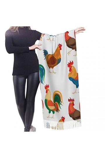 Écharpe douce avec pompon coloré coqs poules femmes mode chaud pashmina écharpe, Comme indiqué sur la photo, taille unique