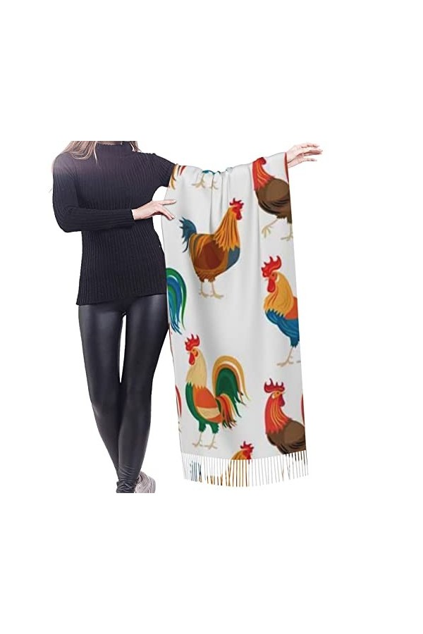 Écharpe douce avec pompon coloré coqs poules femmes mode chaud pashmina écharpe, Comme indiqué sur la photo, taille unique