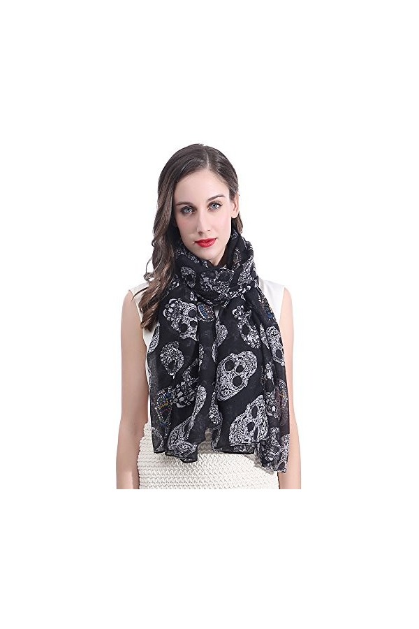 Lina & Lily Écharpe Foulard pour Femme Imprimé Crâne le jour de la morts Noir 