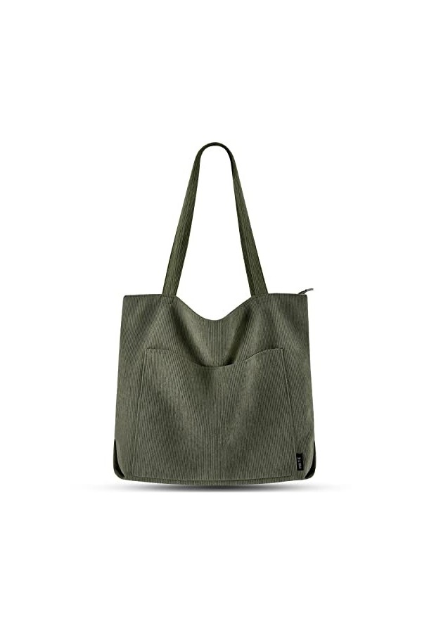 Prite Tote Bag Sac en Velours Côtelé Bandouliere Cabas Femme Homme Sac Fourre Tout avec Fermeture Éclair et Poches Noir 