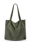 Prite Tote Bag Sac en Velours Côtelé Bandouliere Cabas Femme Homme Sac Fourre Tout avec Fermeture Éclair et Poches Noir 