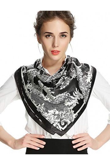 Corciova Grande écharpe carrée en soie pour femme 35 cm - Noir - Large