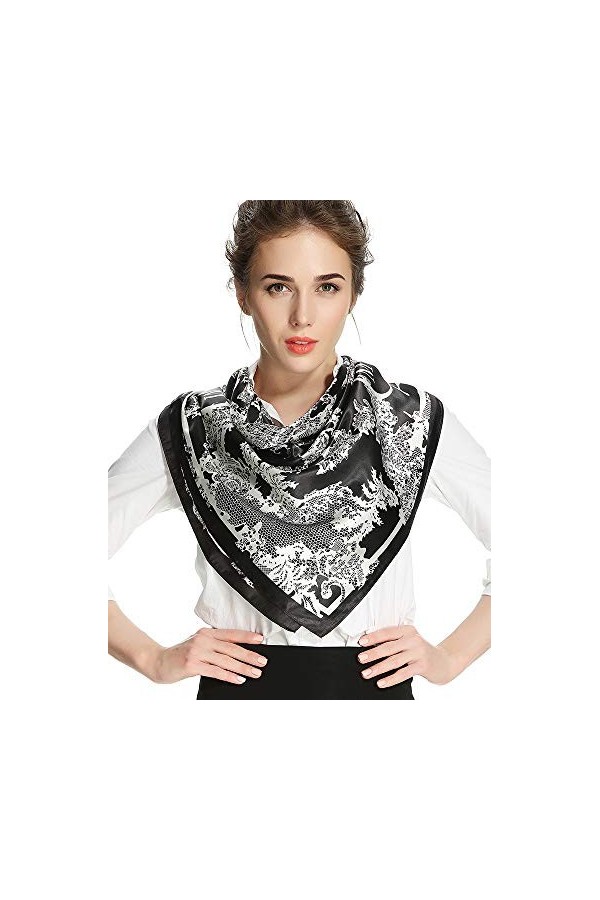 Corciova Grande écharpe carrée en soie pour femme 35 cm - Noir - Large