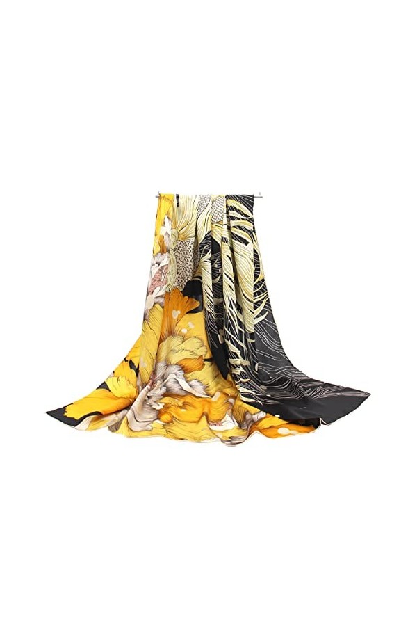 ANDANTINO Foulard carré léger 100 % pure soie de mûrier 109,2 cm - Pour femme - Avec emballage cadeau, Noir et doré, Large