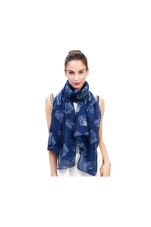 Lina & Lily Écharpe Foulard pour Femme Imprimé Caméra Bleu 
