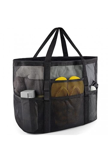 SRISE Sac de plage en maille – Grand sac de plage pour la famille, sac de plage pour jouets et essentiels de vacances, noir, 