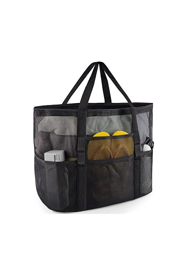 SRISE Sac de plage en maille – Grand sac de plage pour la famille, sac de plage pour jouets et essentiels de vacances, noir, 