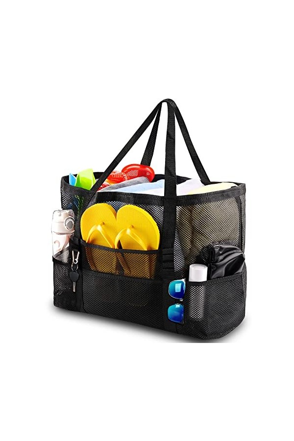 SRISE Sac de plage en maille – Grand sac de plage pour la famille, sac de plage pour jouets et essentiels de vacances, noir, 