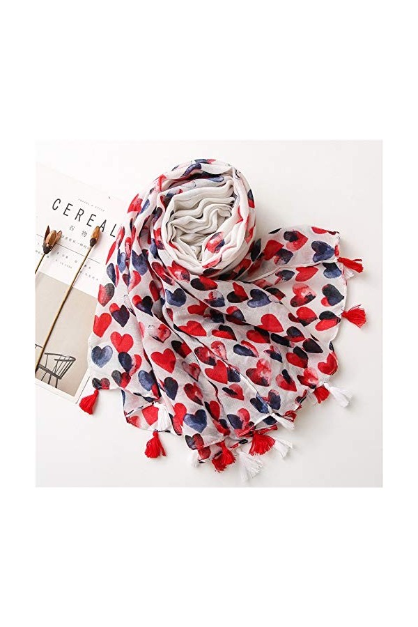 Clest F&H Longue Écharpe Douce Châle Foulard Imprimé Coeur Rouge et Bleu Pour Tenues De Vacances Accessoires