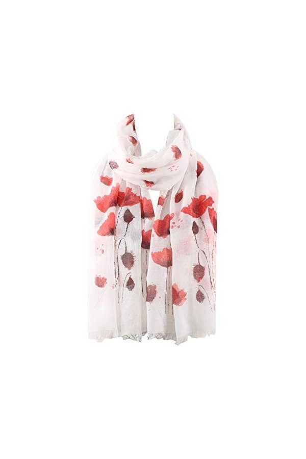 Clest F&H Écharpe imprimée coquelicots pour femme - Doux et léger - Grand châle, blanc, Large