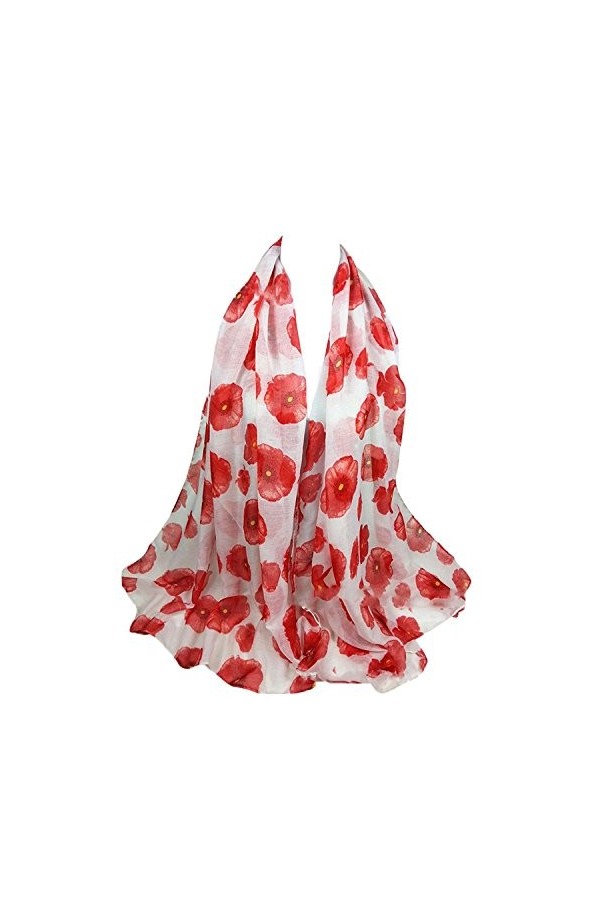 Bluelans® Foulard long en mousseline de soie pour femme Motif coquelicot Rouge, blanc, taille unique