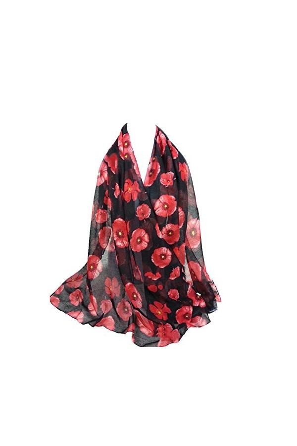 Bluelans® Foulard long en mousseline de soie pour femme Motif coquelicot Rouge, blanc, taille unique