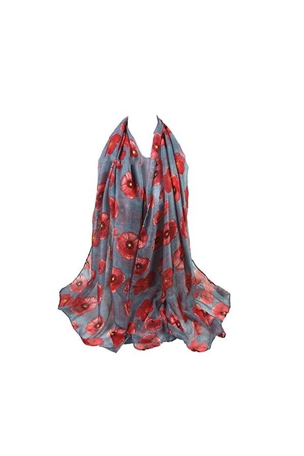 Bluelans® Foulard long en mousseline de soie pour femme Motif coquelicot Rouge, blanc, taille unique