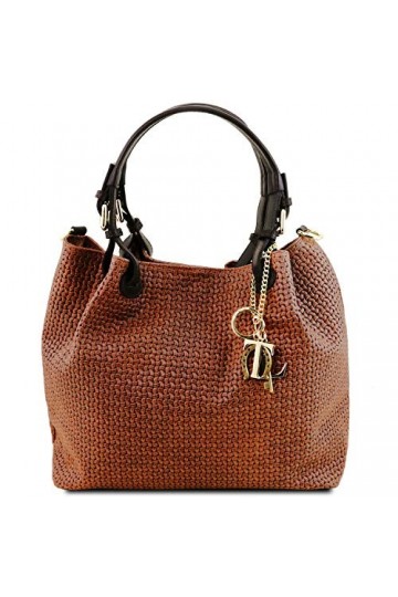 Tuscany Leather TL KeyLuck Sac Shopping en Cuir imprimé tressé Cannelle