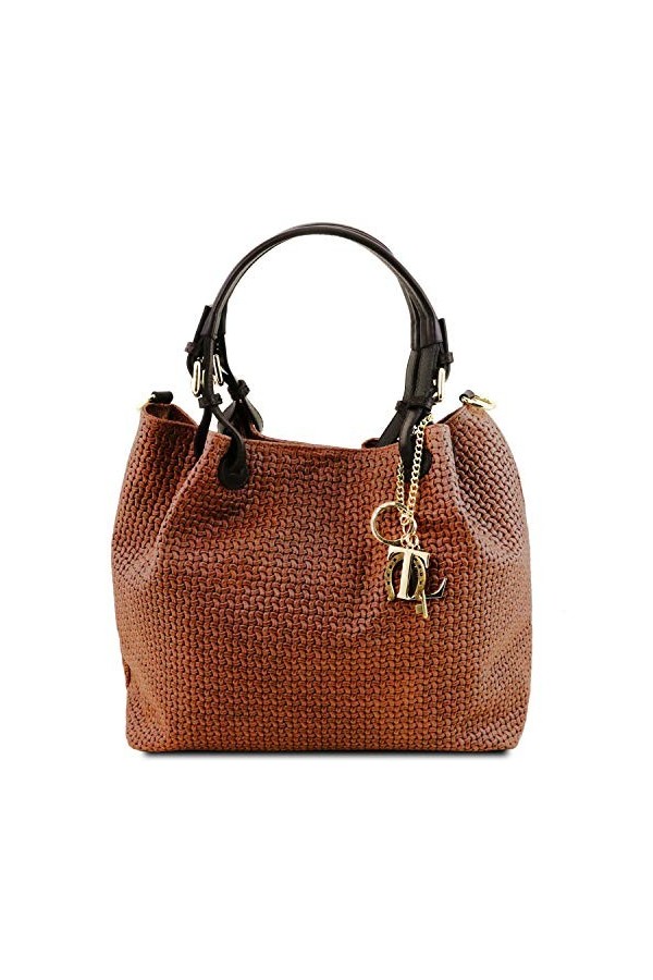 Tuscany Leather TL KeyLuck Sac Shopping en Cuir imprimé tressé Cannelle
