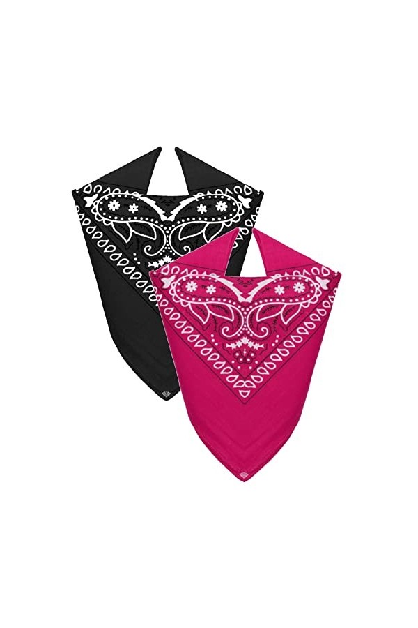 Van Der Rich ® - Lot de 2 Bandanas 100% Coton Foulard de tête pour Homme Femme Noir-Fuchsia, TU 