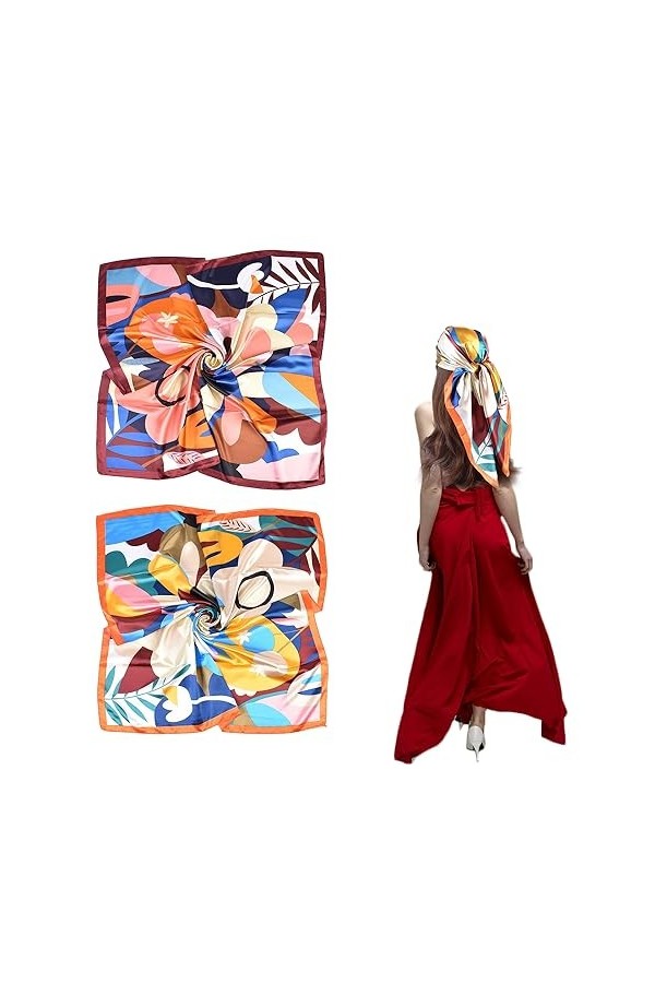 ATBUSS Lot de 2 foulards carrés en soie pour femme Motif floral et coloré 90 x 90 cm, multicolore, 90 * 90 cm