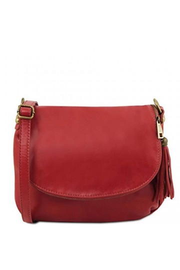 TUSCANY LEATHER TLBag Sac bandoulière besace en cuir souple avec pompon Rouge
