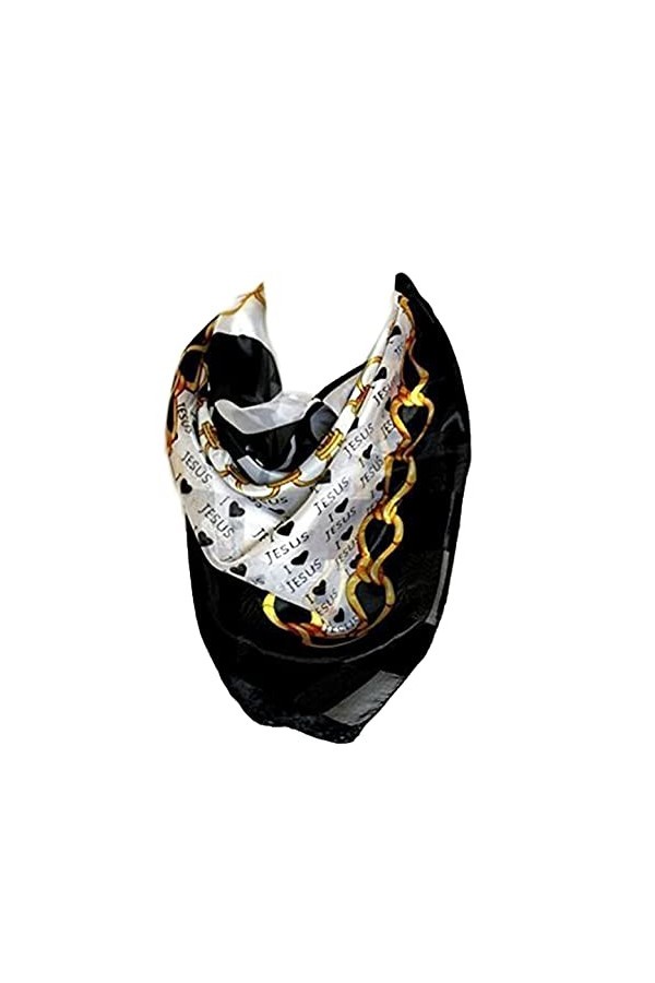 Scarf Shack Auto-gaufrage rayé imprimé ‘I Love JESUS’ soie satiné carré bandana cou écharpe tête écharpes Wrap Noir et Blanc