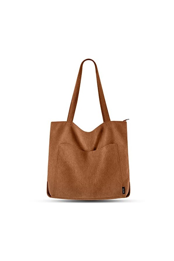 Prite Tote Bag Sac en Velours Côtelé Bandouliere Cabas Femme Homme Sac Fourre Tout avec Fermeture Éclair et Poches Noir 