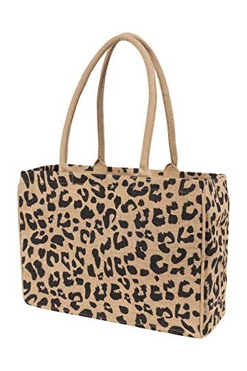 KAF Home Sac fourre-tout en jute avec imprimé léopard, poignée durable, fond renforcé et poche intérieure à glissière, capaci