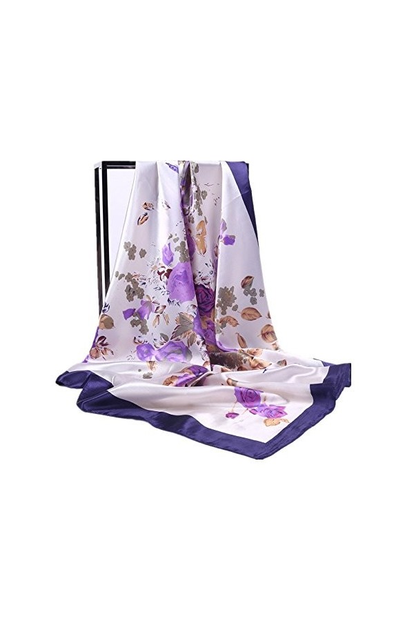 HIDOUYAL Grand Foulard 90x90cm Satin Imprimé Fleurs Plumes Multicouleurs