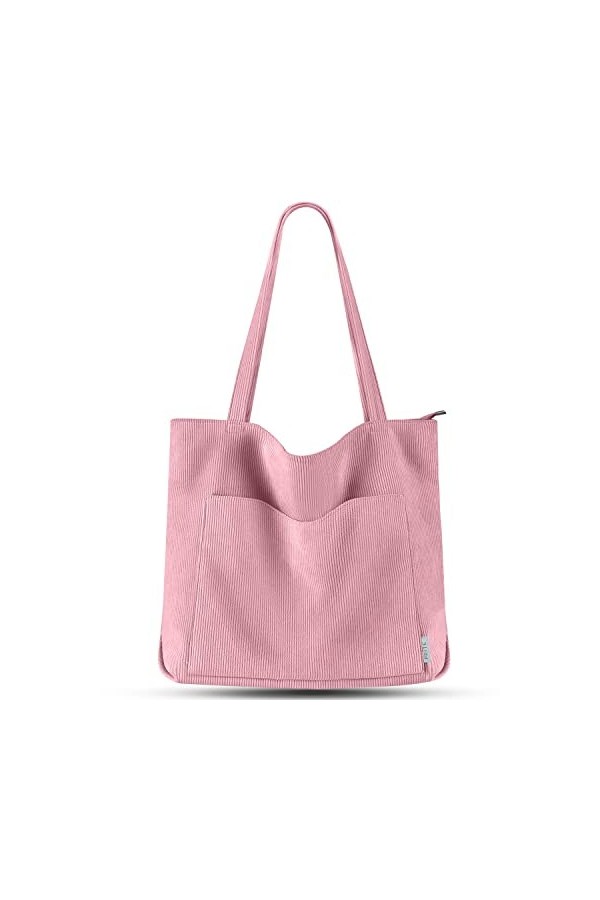 Prite Tote Bag Sac en Velours Côtelé Bandouliere Cabas Femme Homme Sac Fourre Tout avec Fermeture Éclair et Poches Noir 