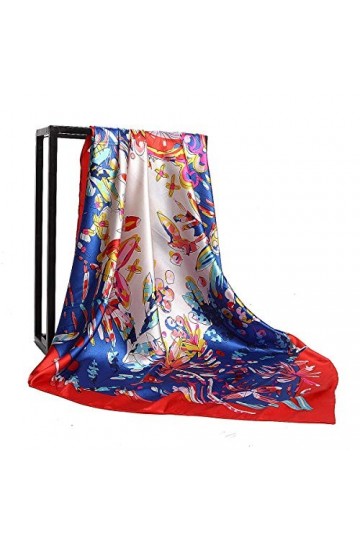 HIDOUYAL Grand Foulard 90x90cm Satin Imprimé Fleurs Plumes Multicouleurs 22 