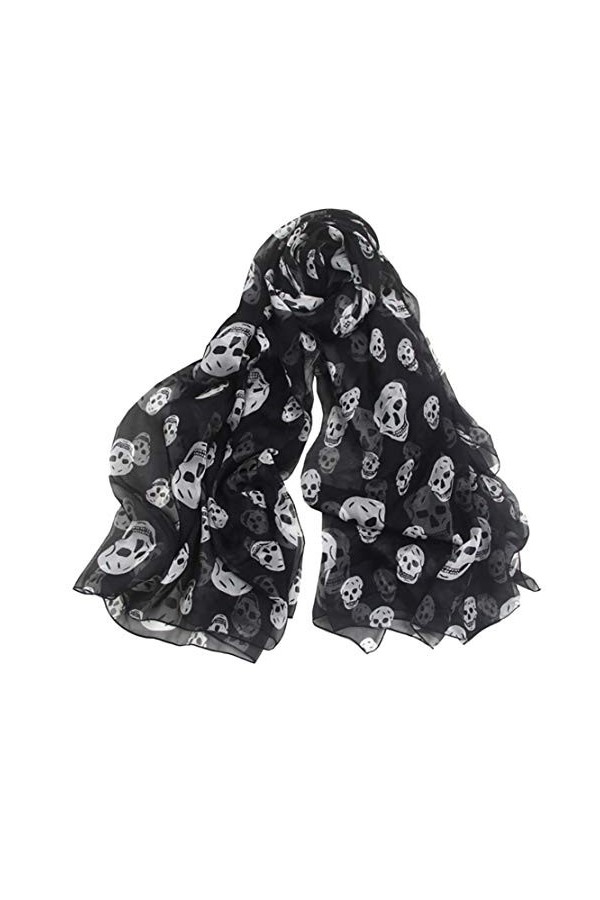 Foulard pour Femmes Crâne Léger Foulard Imprimé Longues écharpes Infinity Plage pour Le Printemps Châle Wraps Noir 
