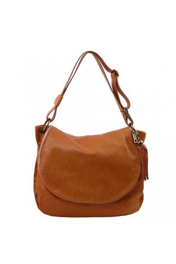 TUSCANY LEATHER TLBag Sac bandoulière besace en cuir souple avec pompon Cognac