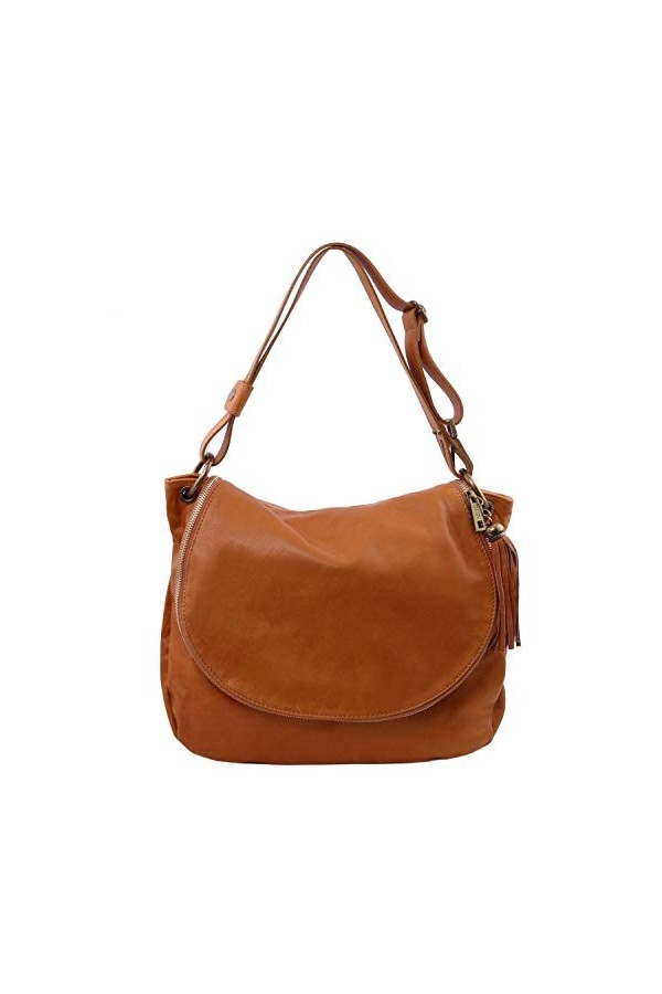 TUSCANY LEATHER TLBag Sac bandoulière besace en cuir souple avec pompon Cognac