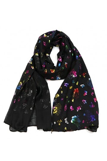 Nativo Écharpe Foulard Femme Motifs Papillon Multicolore Couleur Noir Viscose Châle, 180X70 CM