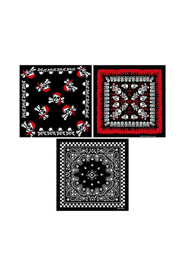 KLEHOPE Serre Tete Halloween, Bandana Noir 3 Pièces, Bandana Tête de Mort, 100% Coton, Décontracté et Respirant, Foulards Ban