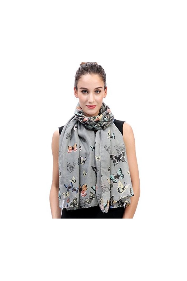 Lina & Lily Écharpe Foulard pour Femme Imprimé Papillon Gris 